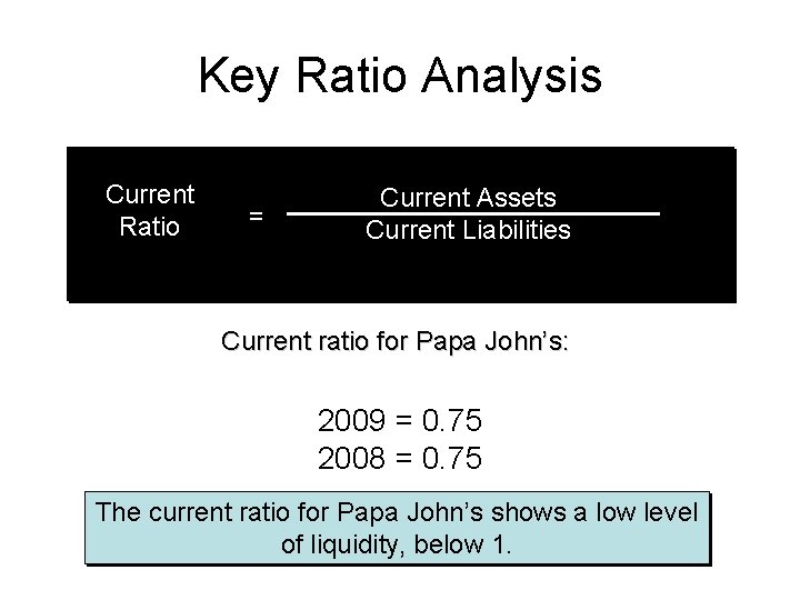 Key Ratio Analysis Current Ratio = Current Assets Current Liabilities Current ratio for Papa