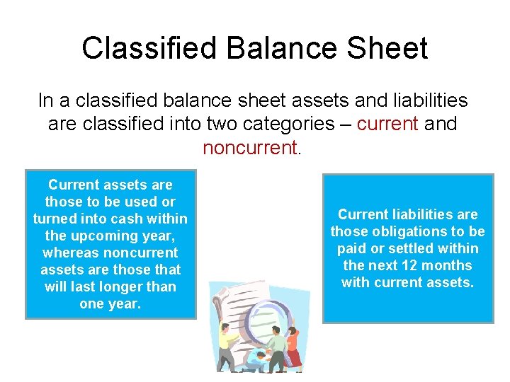 Classified Balance Sheet In a classified balance sheet assets and liabilities are classified into