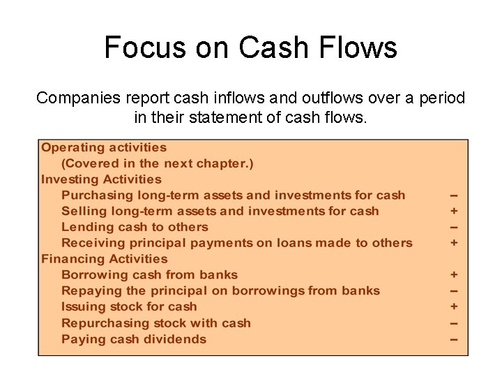 Focus on Cash Flows Companies report cash inflows and outflows over a period in