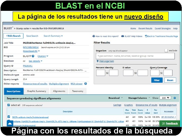 BLAST en el NCBI La página de los resultados tiene un nuevo diseño Página