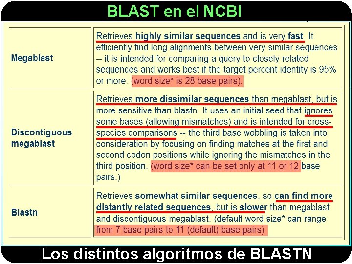 BLAST en el NCBI Los distintos algoritmos de BLASTN 