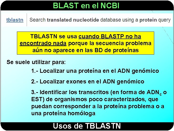 BLAST en el NCBI TBLASTN se usa cuando BLASTP no ha encontrado nada porque