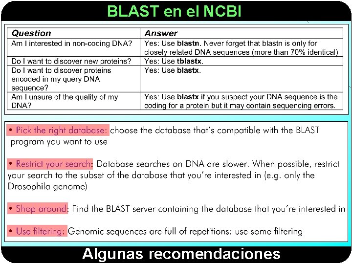 BLAST en el NCBI Algunas recomendaciones 