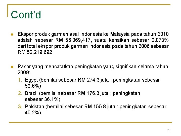 Cont’d n Ekspor produk garmen asal Indonesia ke Malaysia pada tahun 2010 adalah sebesar