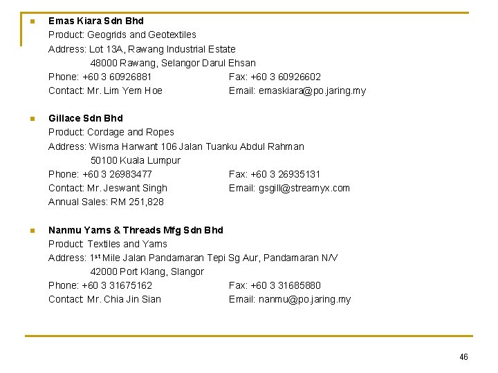 n Emas Kiara Sdn Bhd Product: Geogrids and Geotextiles Address: Lot 13 A, Rawang