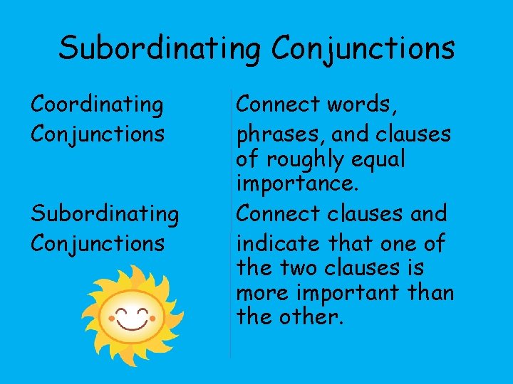 Subordinating Conjunctions Coordinating Conjunctions Subordinating Conjunctions Connect words, phrases, and clauses of roughly equal Subordinating Conjunctions Coordinating Conjunctions Subordinating Conjunctions Connect words, phrases, and clauses of roughly equal
