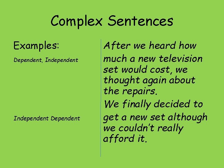 Complex Sentences Examples: Dependent, Independent Dependent After we heard how much a new television Complex Sentences Examples: Dependent, Independent Dependent After we heard how much a new television