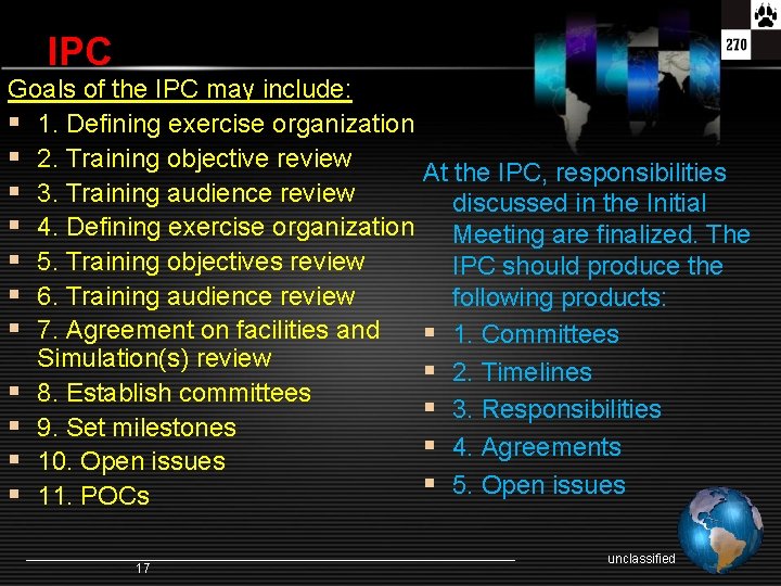 IPC Goals of the IPC may include: § 1. Defining exercise organization § 2.