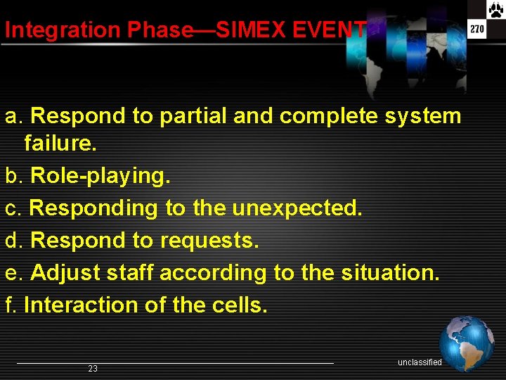 Integration Phase—SIMEX EVENT a. Respond to partial and complete system failure. b. Role-playing. c.