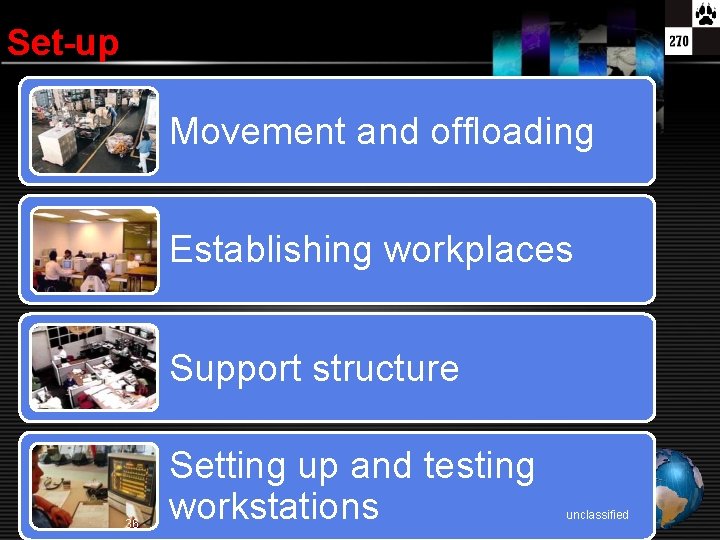 Set-up Movement and offloading Establishing workplaces Support structure 36 Setting up and testing workstations