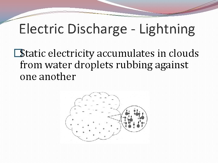 Electric Discharge - Lightning �Static electricity accumulates in clouds from water droplets rubbing against