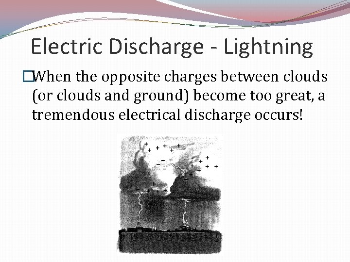 Electric Discharge - Lightning �When the opposite charges between clouds (or clouds and ground)