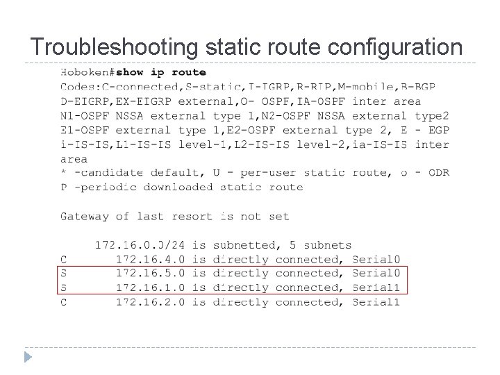 Troubleshooting static route configuration 