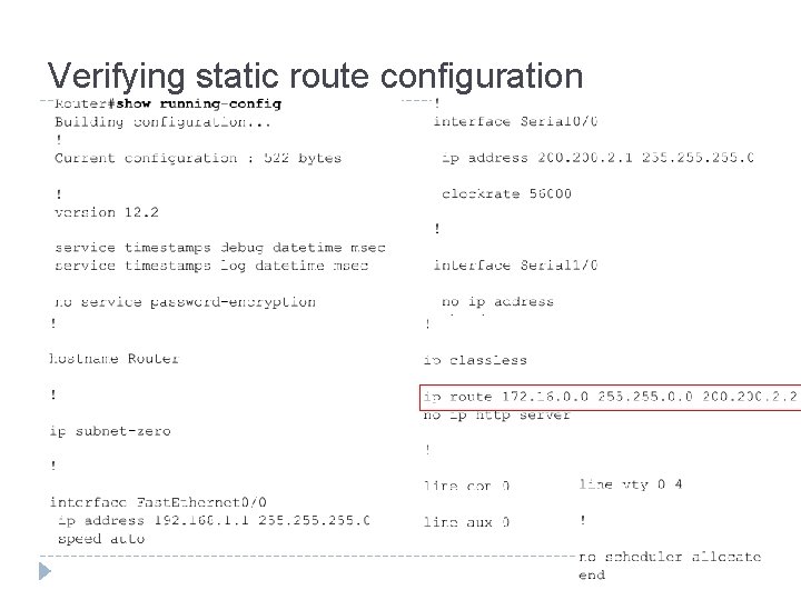 Verifying static route configuration 