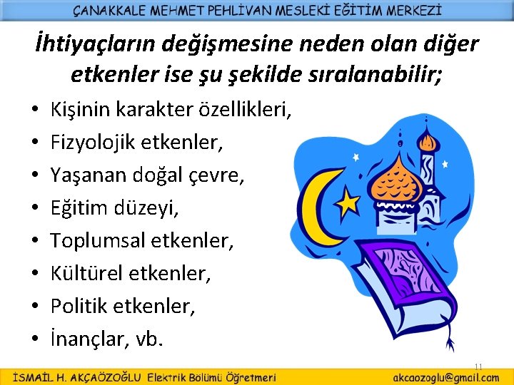 İhtiyaçların değişmesine neden olan diğer etkenler ise şu şekilde sıralanabilir; • • Kişinin karakter