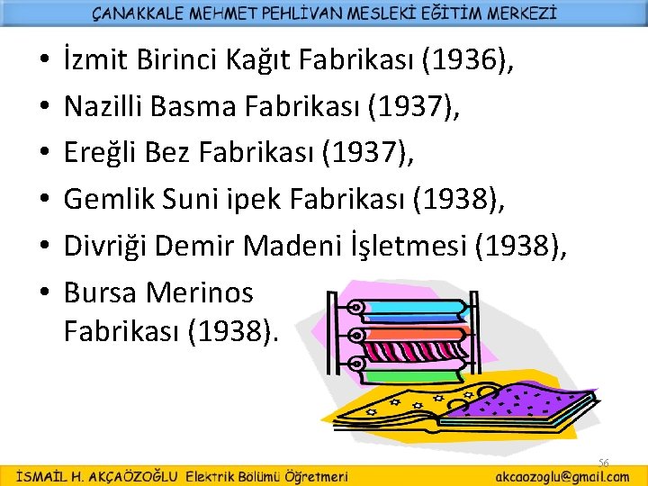  • • • İzmit Birinci Kağıt Fabrikası (1936), Nazilli Basma Fabrikası (1937), Ereğli