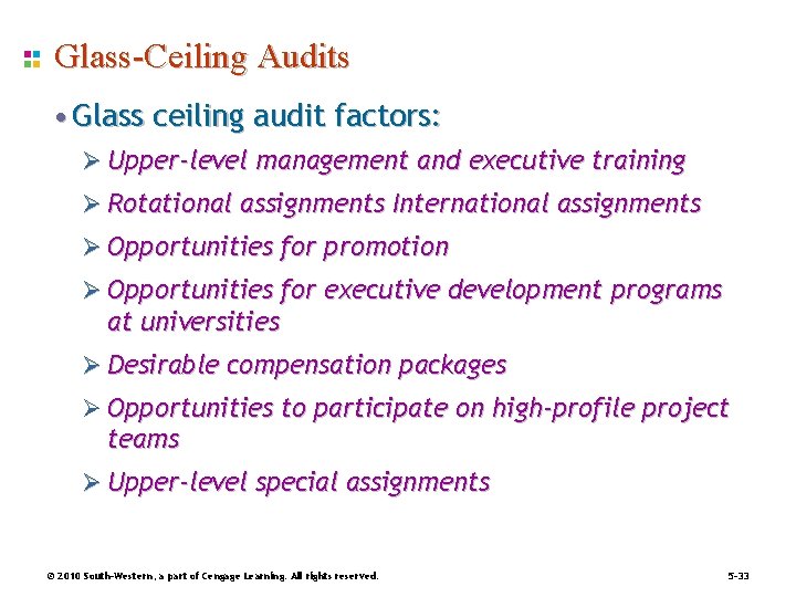 Glass-Ceiling Audits • Glass ceiling audit factors: Ø Upper-level management and executive training Ø Glass-Ceiling Audits • Glass ceiling audit factors: Ø Upper-level management and executive training Ø