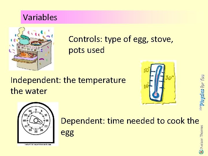 Variables Controls: type of egg, stove, pots used Independent: the temperature the water of