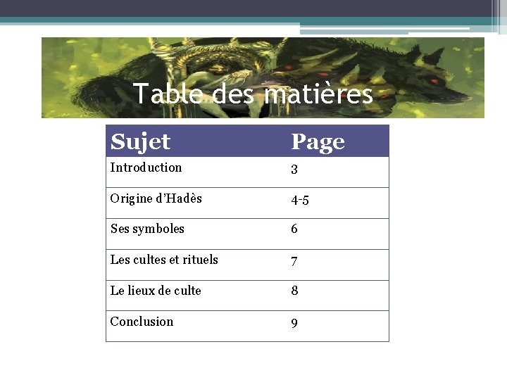 Table des matières Sujet Page Introduction 3 Origine d’Hadès 4 -5 Ses symboles 6