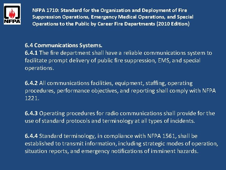 NFPA 1710: Standard for the Organization and Deployment of Fire Suppression Operations, Emergency Medical