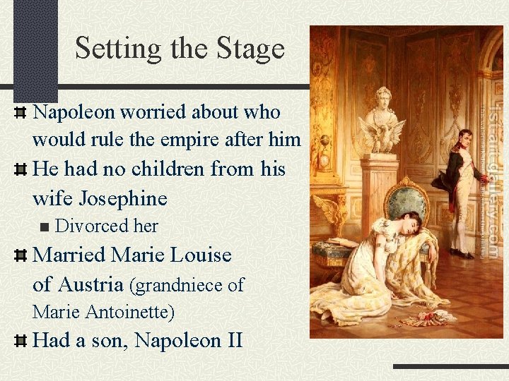 Setting the Stage Napoleon worried about who would rule the empire after him He