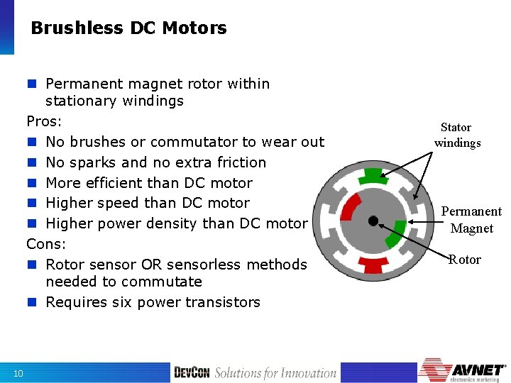 Brushless DC Motors n Permanent magnet rotor within stationary windings Pros: n No brushes