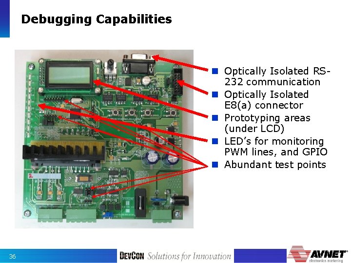 Debugging Capabilities n Optically Isolated RS 232 communication n Optically Isolated E 8(a) connector