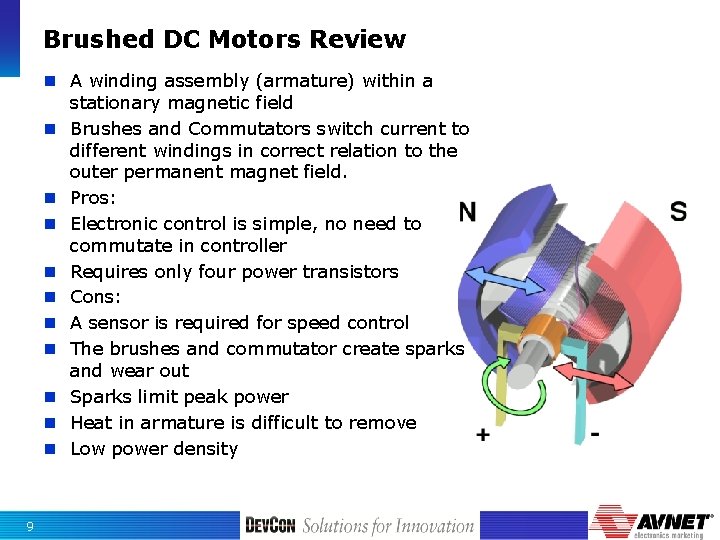 Brushed DC Motors Review n A winding assembly (armature) within a stationary magnetic field