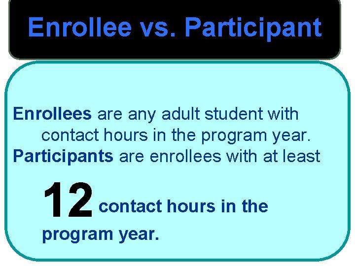 Enrollee vs. Participant Enrollees are any adult student with contact hours in the program