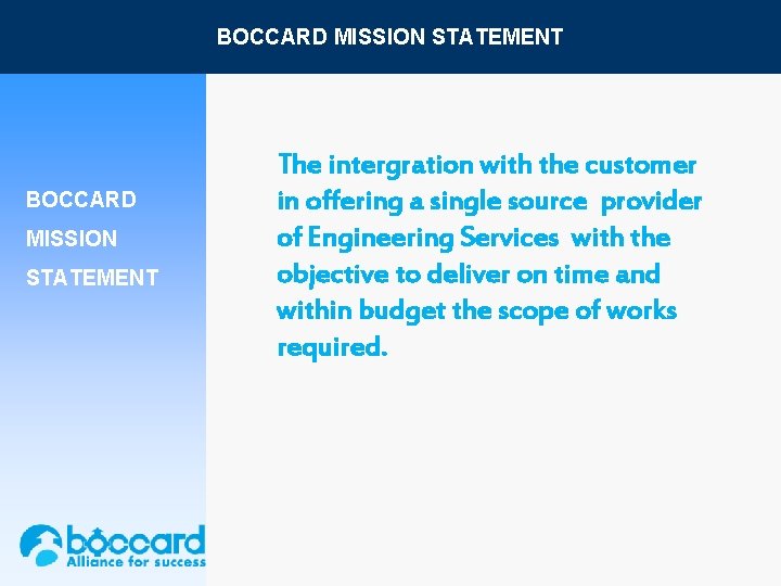 BOCCARD MISSION STATEMENT The intergration with the customer in offering a single source provider