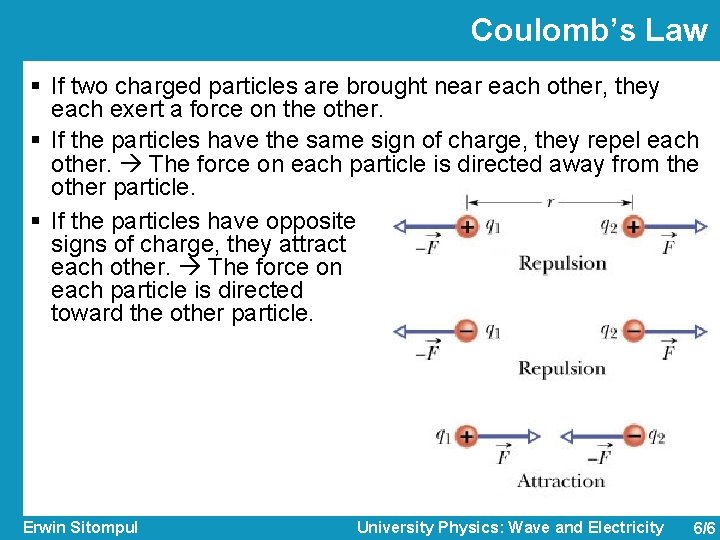Coulomb’s Law § If two charged particles are brought near each other, they each