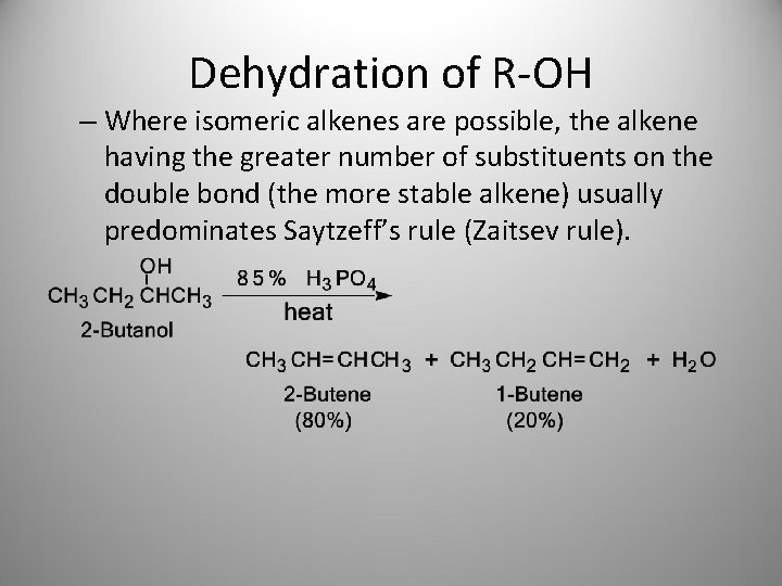 Dehydration of R-OH – Where isomeric alkenes are possible, the alkene having the greater