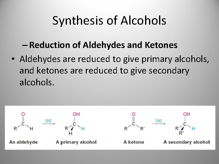 Synthesis of Alcohols – Reduction of Aldehydes and Ketones • Aldehydes are reduced to