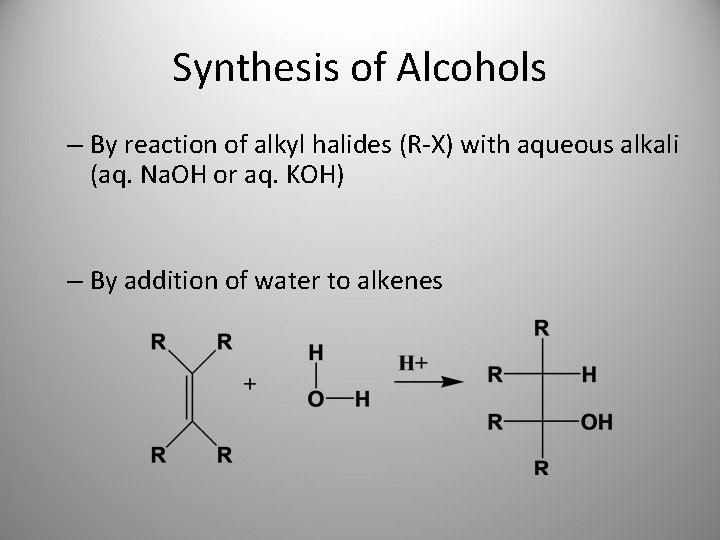 Synthesis of Alcohols – By reaction of alkyl halides (R-X) with aqueous alkali (aq.