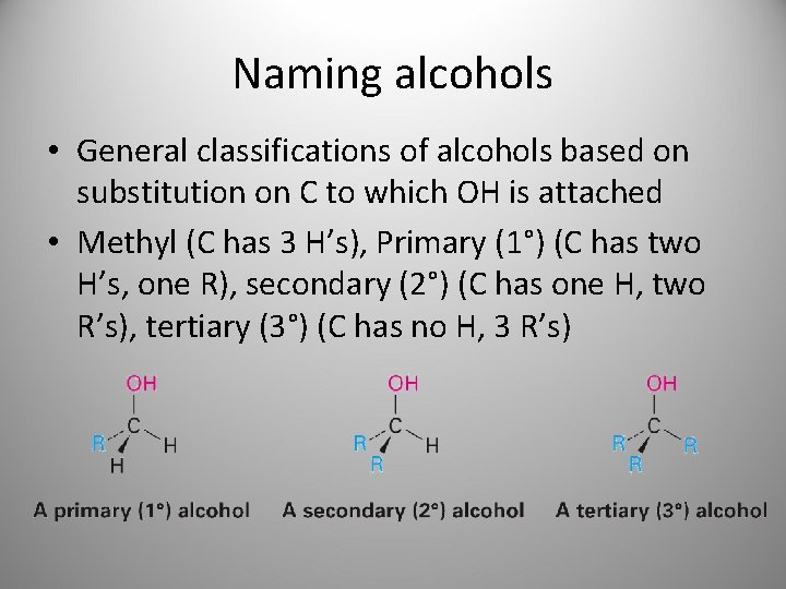 Naming alcohols • General classifications of alcohols based on substitution on C to which