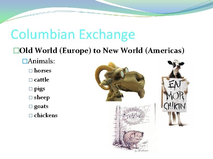 Columbian Exchange �Old World (Europe) to New World (Americas) �Animals: � horses � cattle