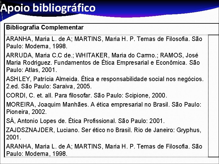 Apoio bibliográfico Bibliografia Complementar ARANHA, Maria L. de A; MARTINS, Maria H. P. Temas
