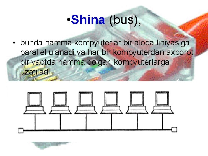  • Shina (bus), • bunda hamma kompyuterlar bir aloqa liniyasiga parallel ulanadi va