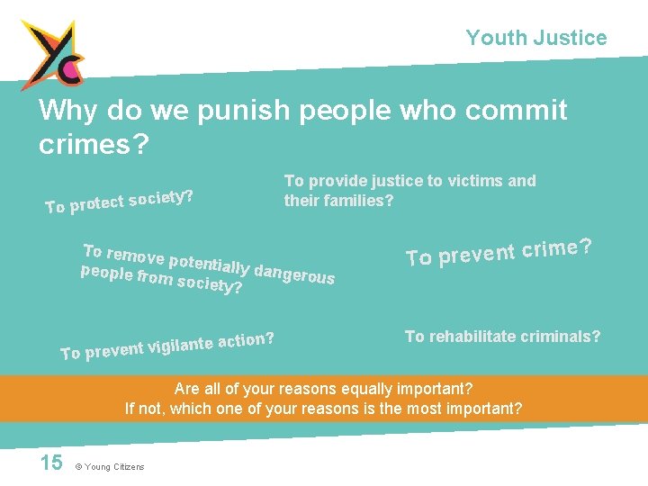 Youth Justice Why do we punish people who commit crimes? ty? ocie To protect