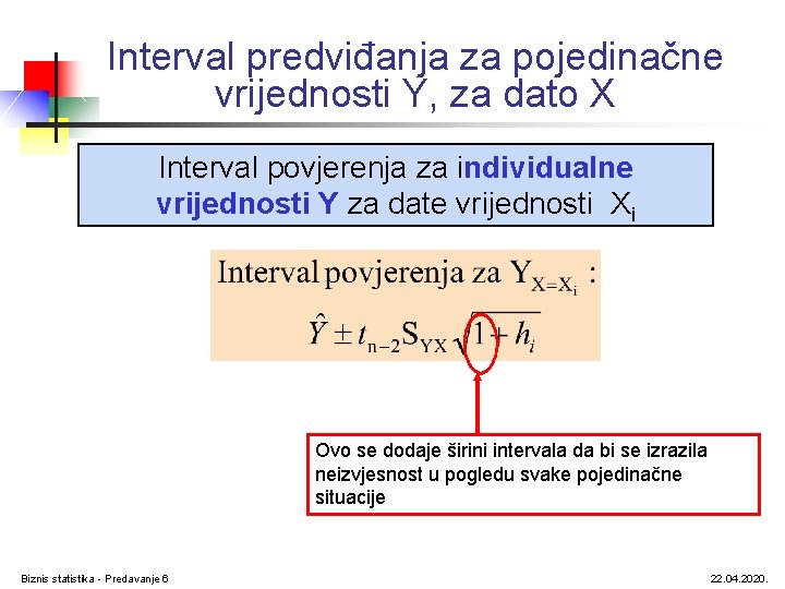 Interval predviđanja za pojedinačne vrijednosti Y, za dato X Interval povjerenja za individualne vrijednosti