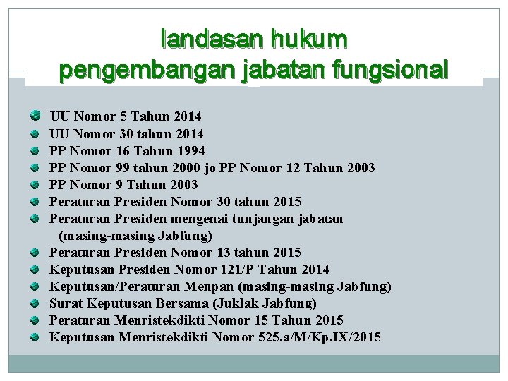landasan hukum pengembangan jabatan fungsional UU Nomor 5 Tahun 2014 UU Nomor 30 tahun landasan hukum pengembangan jabatan fungsional UU Nomor 5 Tahun 2014 UU Nomor 30 tahun