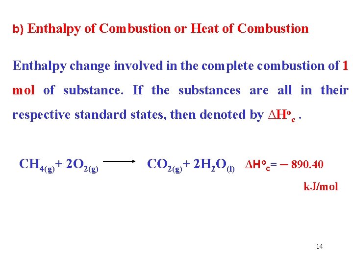 b) Enthalpy of Combustion or Heat of Combustion Enthalpy change involved in the complete