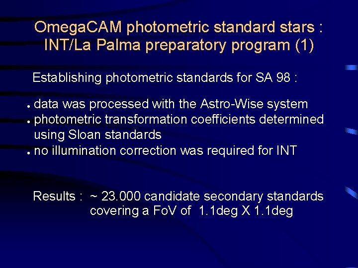 Omega. CAM photometric standard stars : INT/La Palma preparatory program (1) Establishing photometric standards