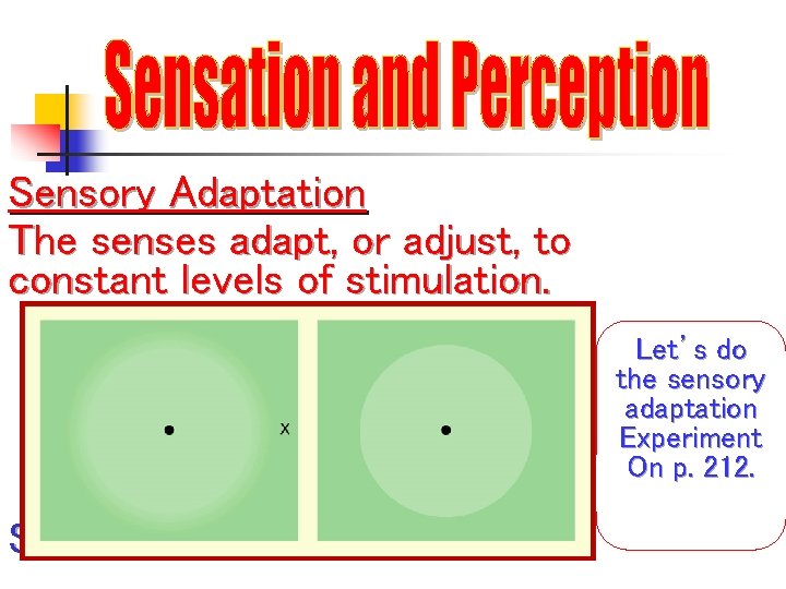 Sensory Adaptation The senses adapt, or adjust, to constant levels of stimulation. Darkness Noisy