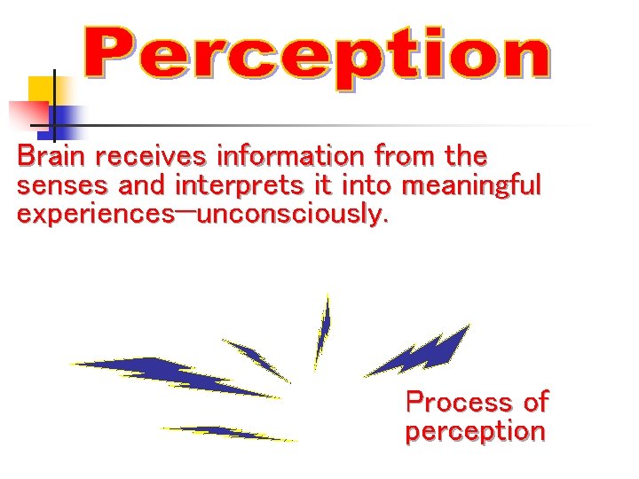 Brain receives information from the senses and interprets it into meaningful experiences—unconsciously. Process of