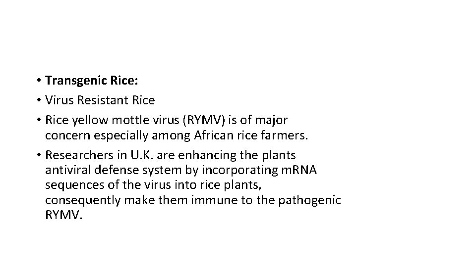  • Transgenic Rice: • Virus Resistant Rice • Rice yellow mottle virus (RYMV)