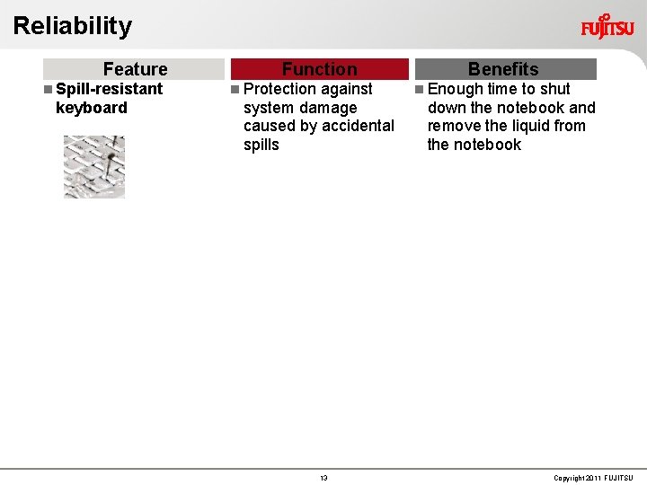 Reliability Feature Spill-resistant keyboard Function Protection against system damage caused by accidental spills 13