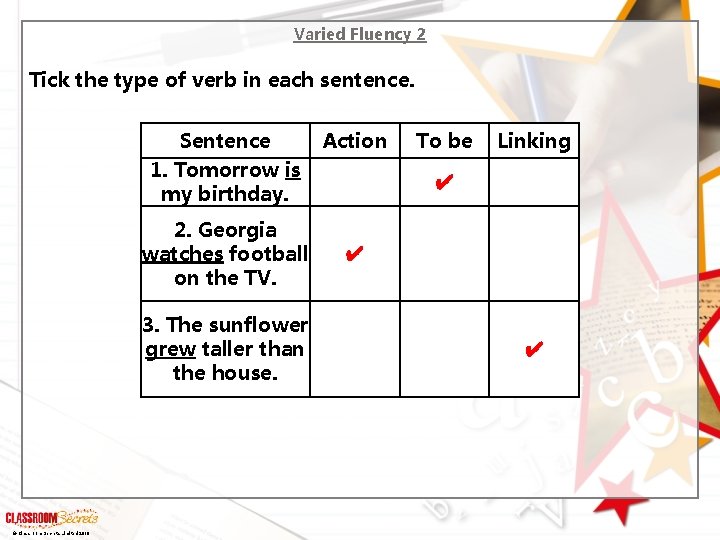 Varied Fluency 2 Tick the type of verb in each sentence. Sentence 1. Tomorrow