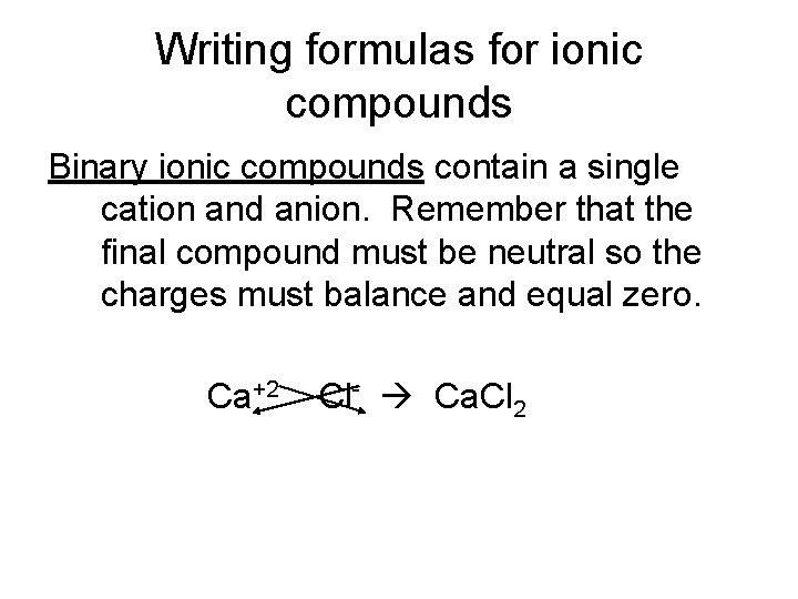 Writing formulas for ionic compounds Binary ionic compounds contain a single cation and anion.