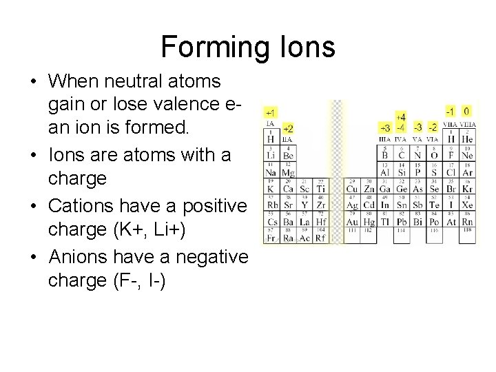 Forming Ions • When neutral atoms gain or lose valence ean ion is formed.